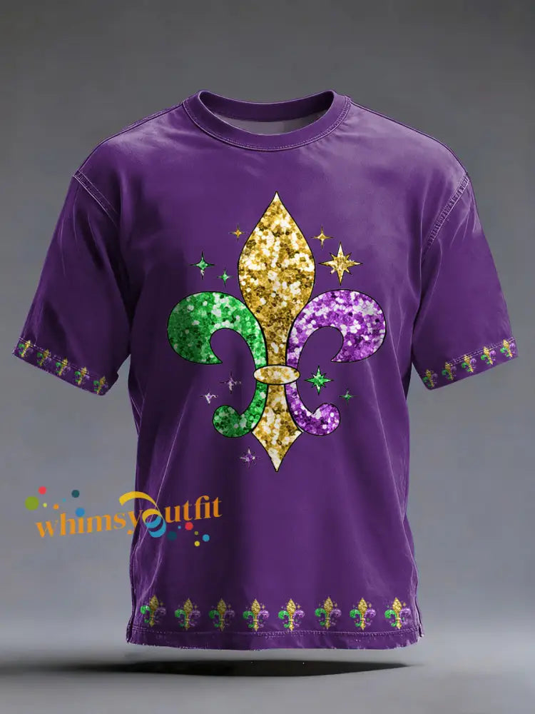 Men’s Mardi Gras Fleur De Lis Print Casual Tee Purple / S