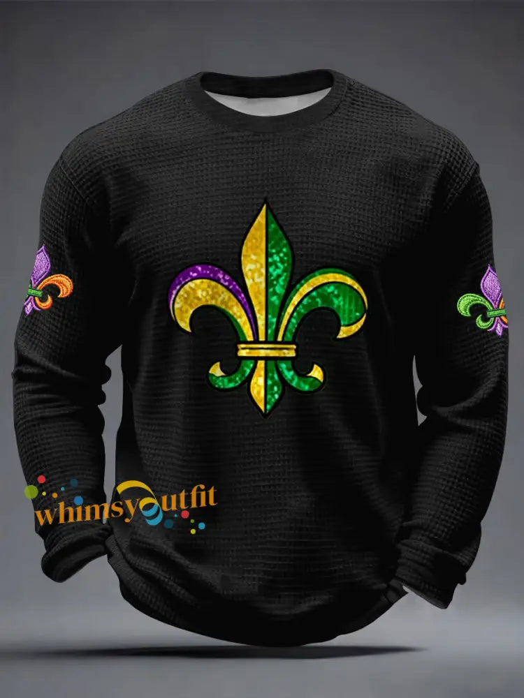 Men’s Mardi Gras Fleur De Lis Print Casual Waffle Long Sleeve T-Shirt Black / S