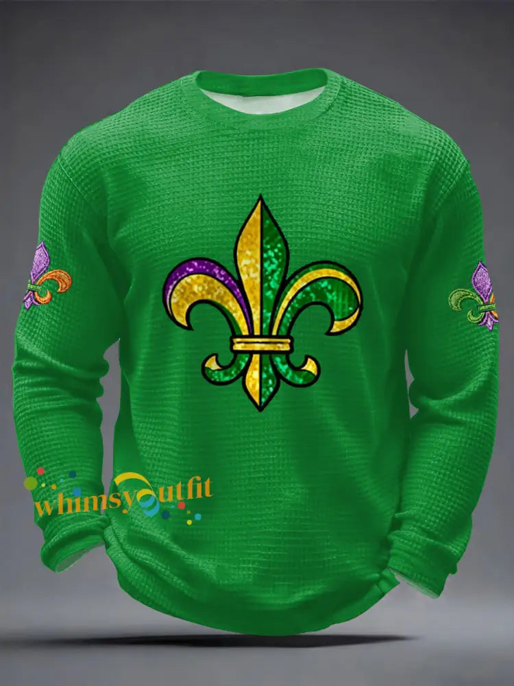Men’s Mardi Gras Fleur De Lis Print Casual Waffle Long Sleeve T-Shirt Green / S
