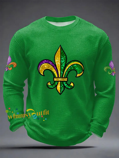 Men’s Mardi Gras Fleur De Lis Print Casual Waffle Long Sleeve T-Shirt Green / S