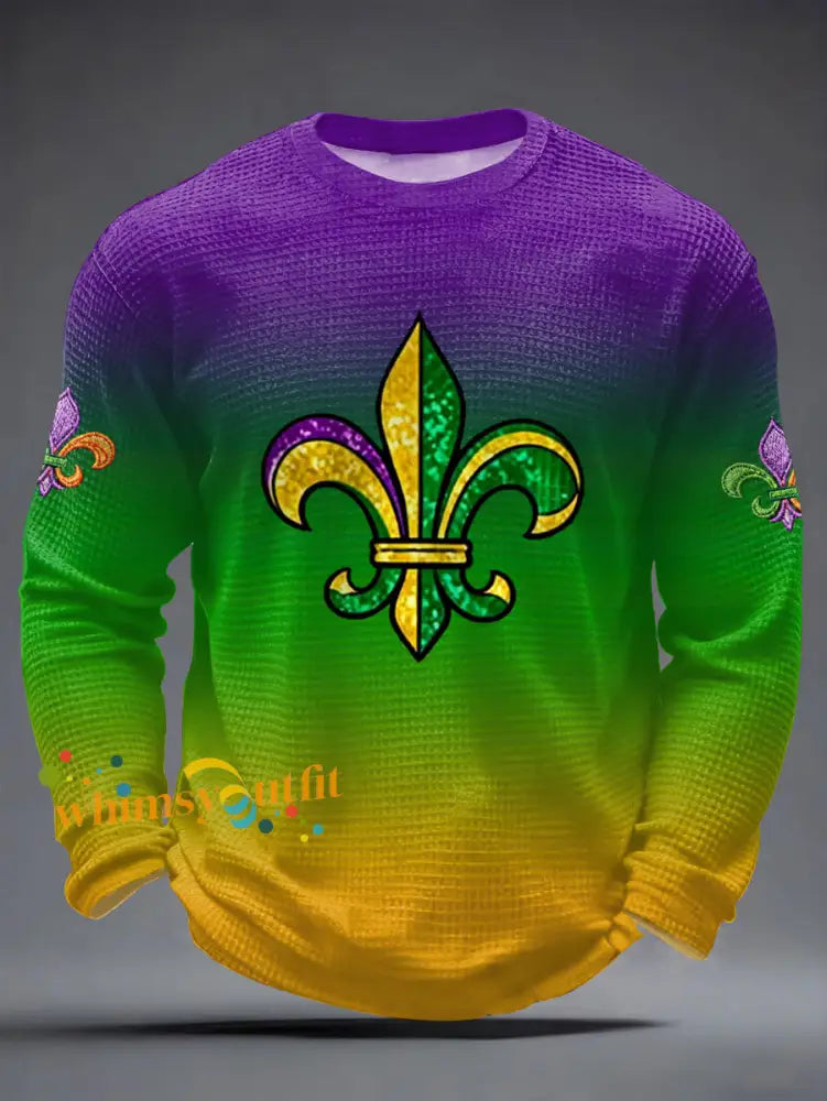 Men’s Mardi Gras Fleur De Lis Print Casual Waffle Long Sleeve T-Shirt Mixed Color / S