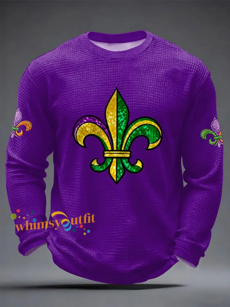Men’s Mardi Gras Fleur De Lis Print Casual Waffle Long Sleeve T-Shirt Purple / S