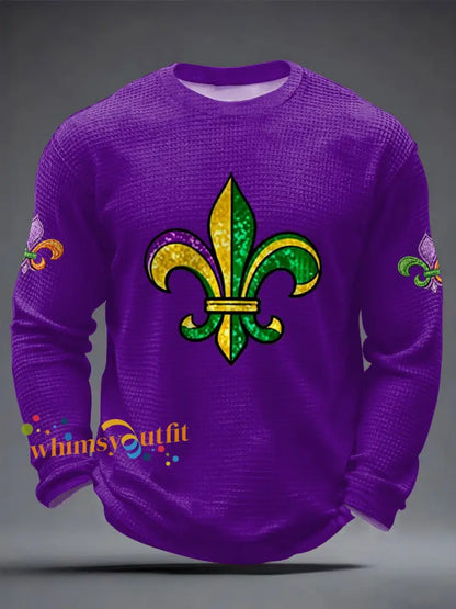 Men’s Mardi Gras Fleur De Lis Print Casual Waffle Long Sleeve T-Shirt Purple / S