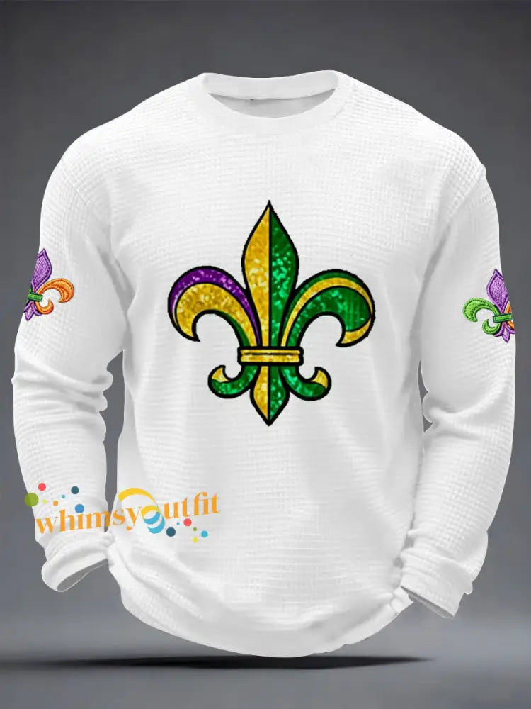 Men’s Mardi Gras Fleur De Lis Print Casual Waffle Long Sleeve T-Shirt White / S