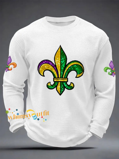 Men’s Mardi Gras Fleur De Lis Print Casual Waffle Long Sleeve T-Shirt White / S