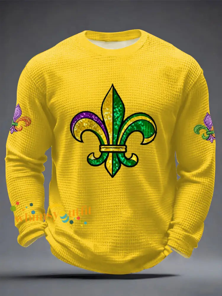 Men’s Mardi Gras Fleur De Lis Print Casual Waffle Long Sleeve T-Shirt Yellow / S