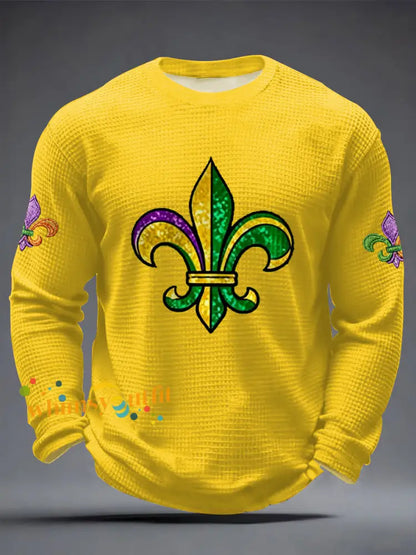 Men’s Mardi Gras Fleur De Lis Print Casual Waffle Long Sleeve T-Shirt Yellow / S