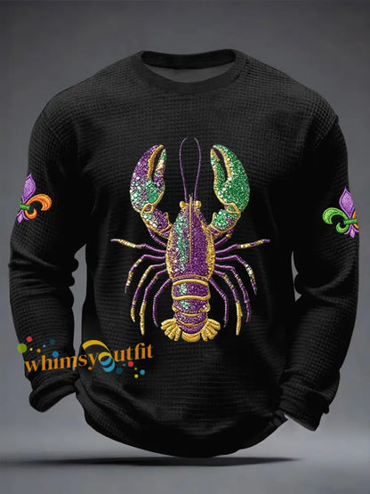 Men’s Mardi Gras Lobster Fleur De Lis Print Casual Waffle Long Sleeve T-Shirt Black / S