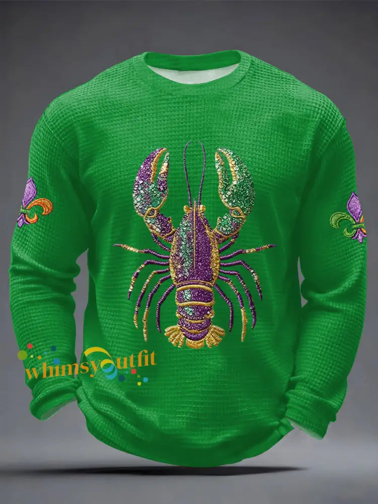 Men’s Mardi Gras Lobster Fleur De Lis Print Casual Waffle Long Sleeve T-Shirt Green / S