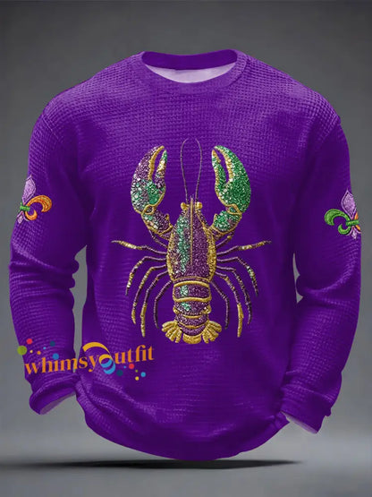 Men’s Mardi Gras Lobster Fleur De Lis Print Casual Waffle Long Sleeve T-Shirt Purple / S