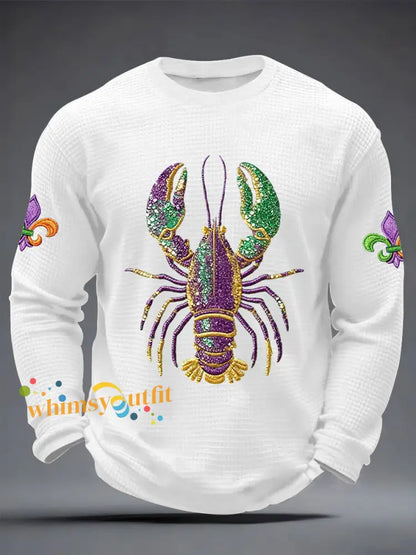 Men’s Mardi Gras Lobster Fleur De Lis Print Casual Waffle Long Sleeve T-Shirt White / S