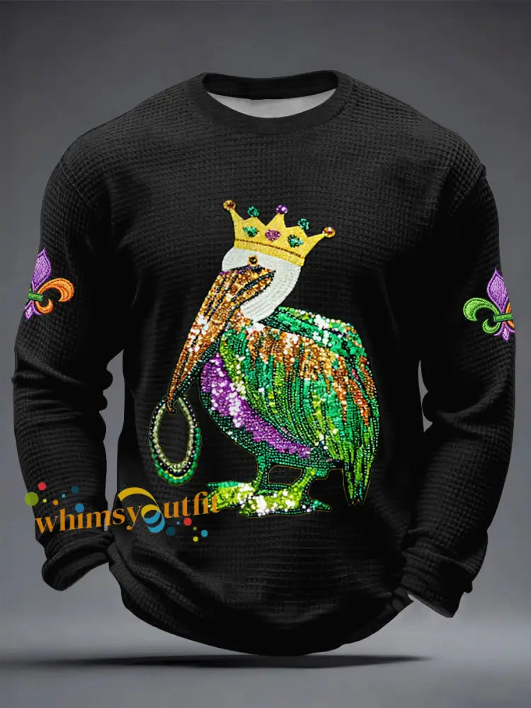 Men’s Mardi Gras Pelican Print Casual Waffle Long Sleeve T-Shirt Black / S