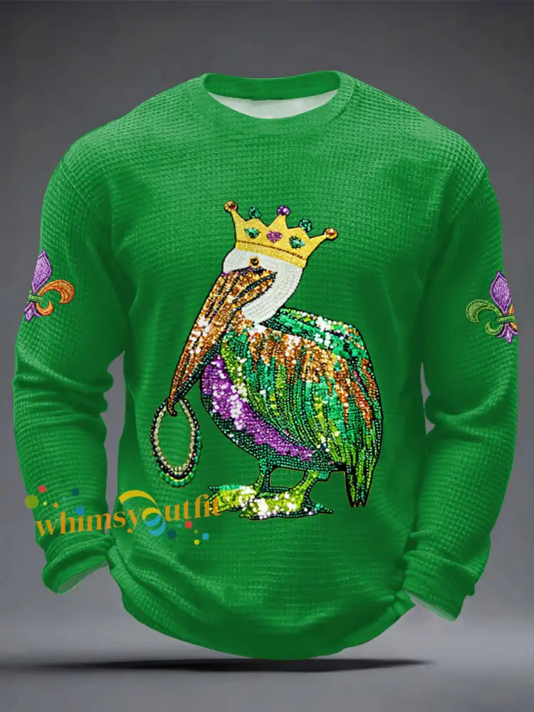 Men’s Mardi Gras Pelican Print Casual Waffle Long Sleeve T-Shirt Green / S