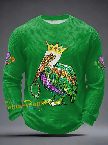 Men’s Mardi Gras Pelican Print Casual Waffle Long Sleeve T-Shirt Green / S