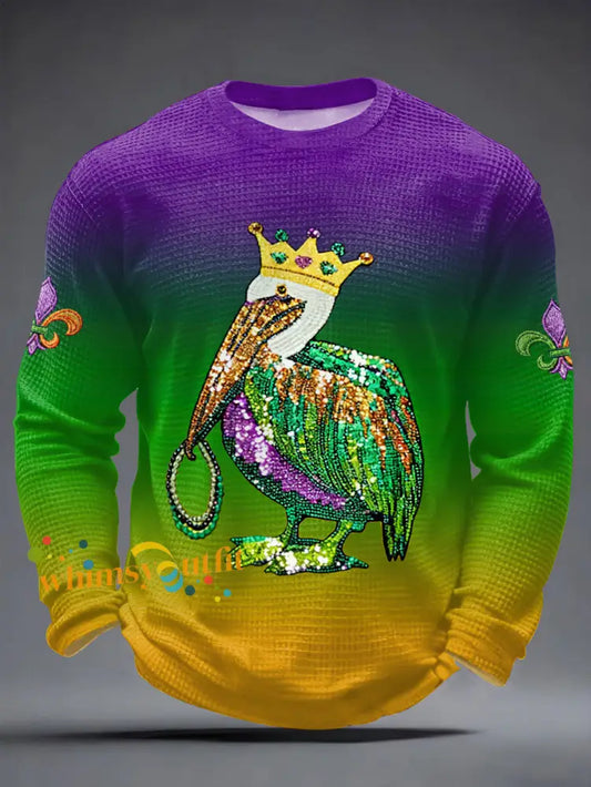 Men’s Mardi Gras Pelican Print Casual Waffle Long Sleeve T-Shirt Mixed Color / S