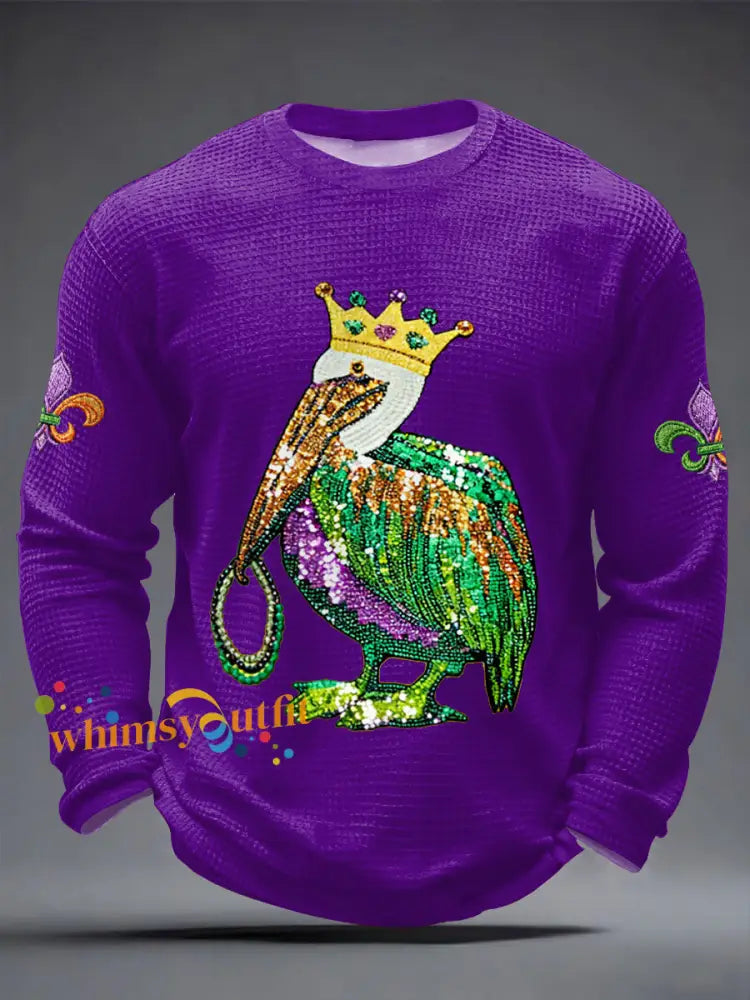 Men’s Mardi Gras Pelican Print Casual Waffle Long Sleeve T-Shirt Purple / S