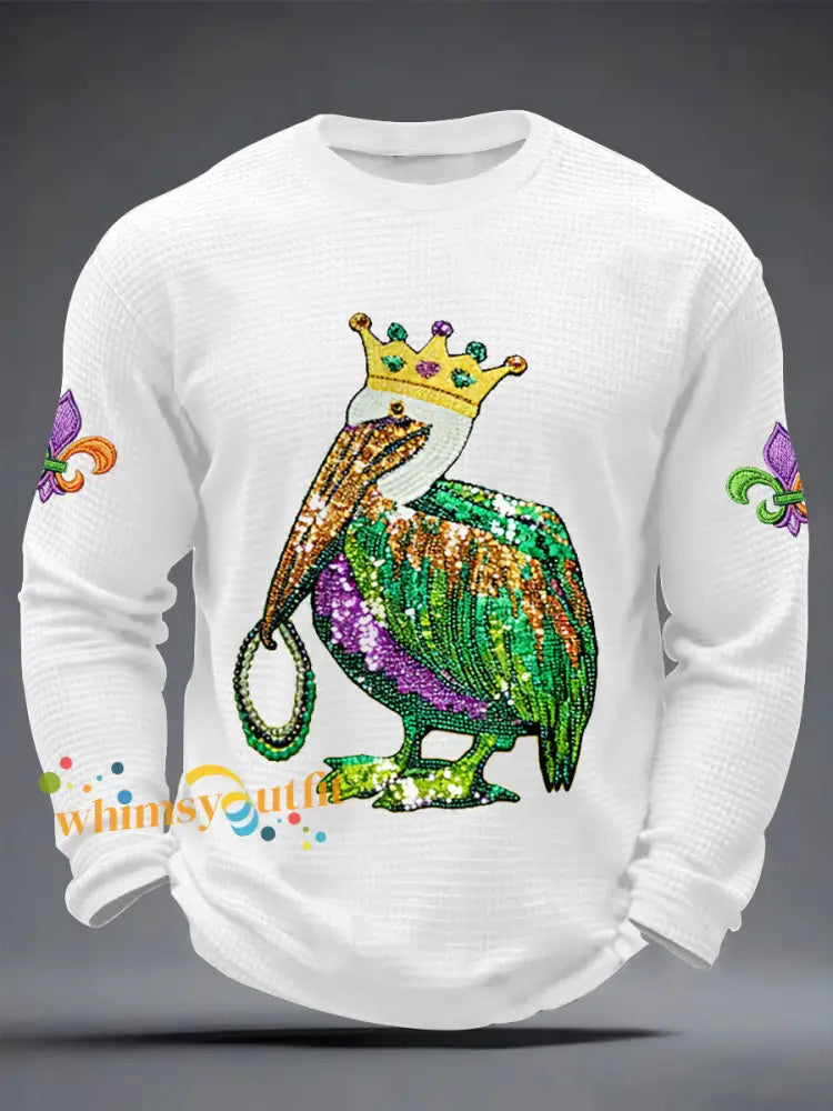 Men’s Mardi Gras Pelican Print Casual Waffle Long Sleeve T-Shirt White / S