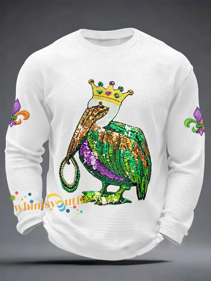 Men’s Mardi Gras Pelican Print Casual Waffle Long Sleeve T-Shirt White / S