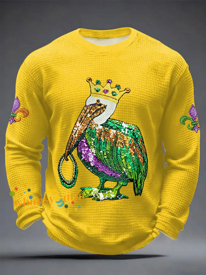 Men’s Mardi Gras Pelican Print Casual Waffle Long Sleeve T-Shirt Yellow / S