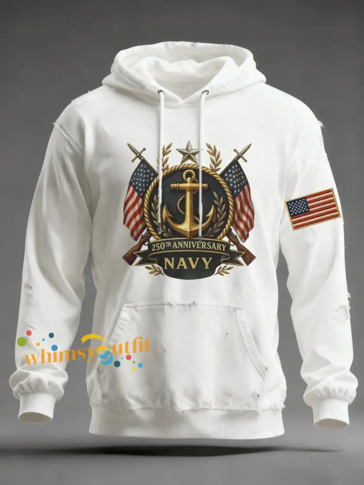 Men’s Navy Printed Hoodie White / S