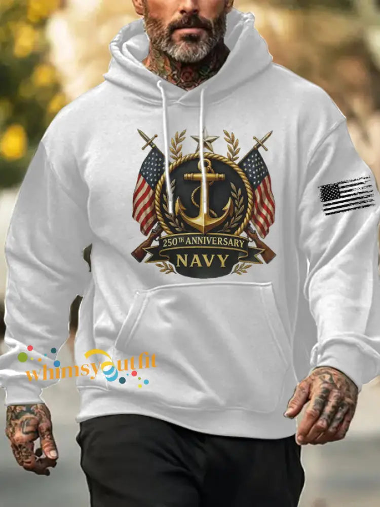 Men’s Navy Printed Hoodie White / S