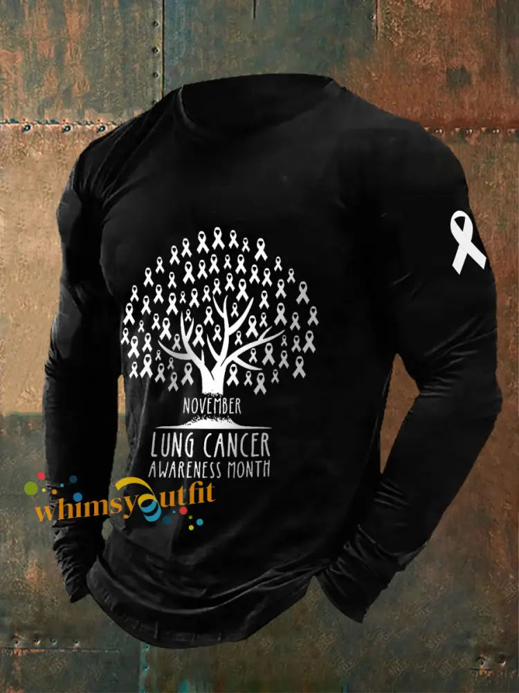 Men’s November Lung Cancer Awareness White Ribbon Tree Long Sleeve T Shirts Black / S