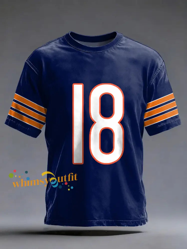 Men’s Number 18 Chicago Football Fans Gameday Casual Tee Navy Blue / S