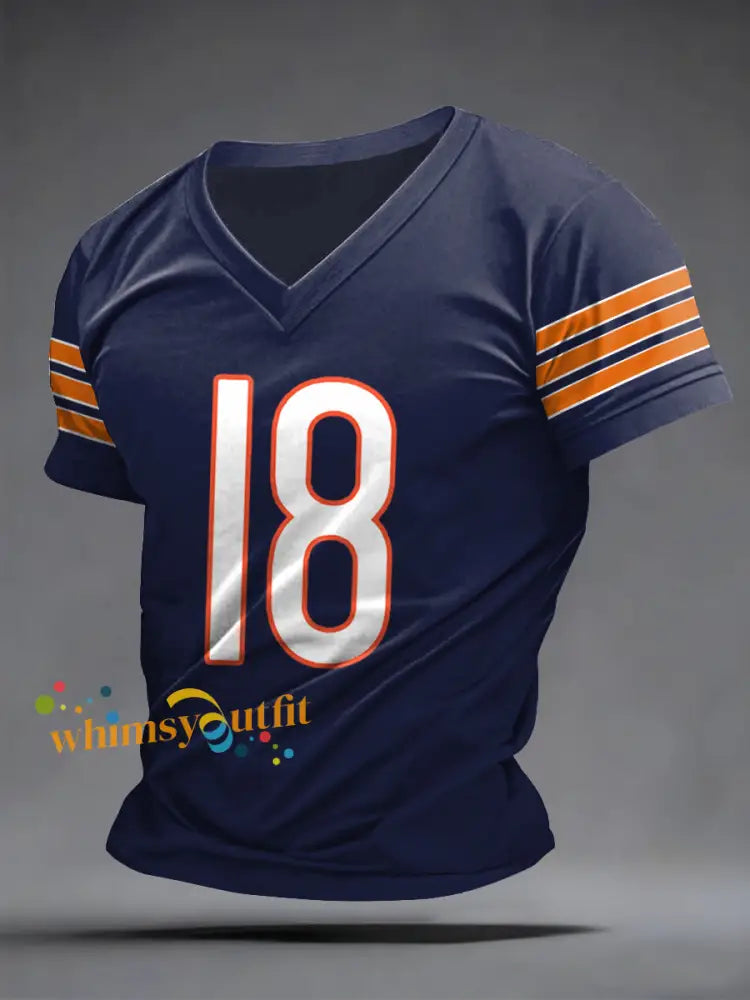 Men’s Number 18 Football Fans Gameday Casual V-Neck Tee Navy Blue / S