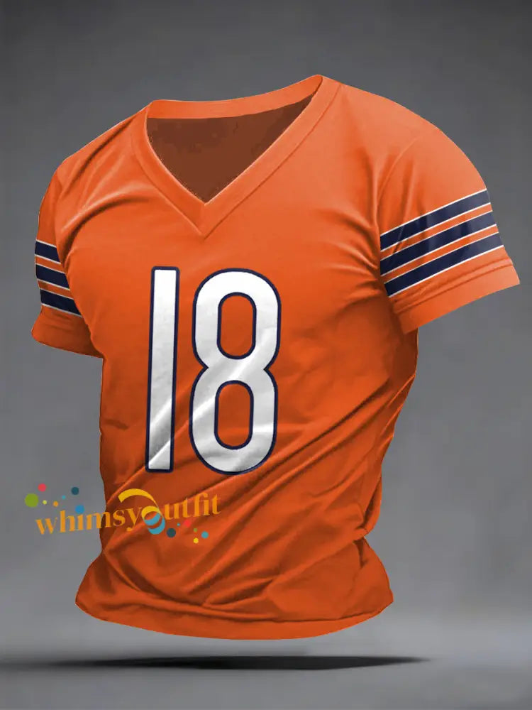 Men’s Number 18 Football Fans Gameday Casual V-Neck Tee Orange / S