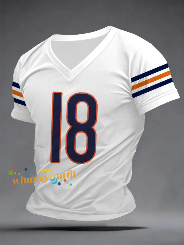Men’s Number 18 Football Fans Gameday Casual V-Neck Tee White / S