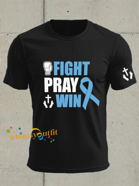 Men’s Prostate Cancer Awareness Fight Pray Win Print T Shirt Black / S