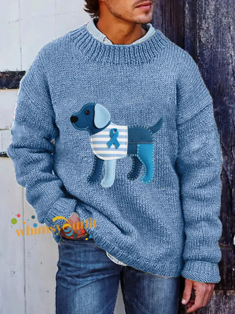Men’s Prostate Cancer Awareness Puppy Printed Sweater Light Blue / S