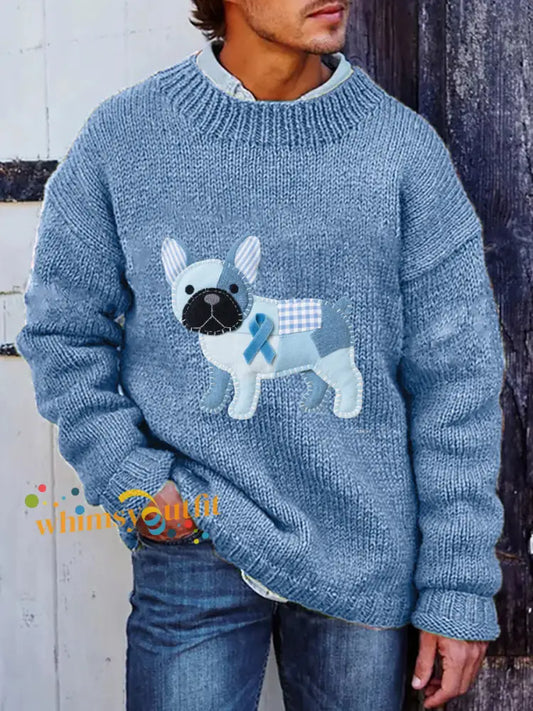 Men’s Prostate Cancer Awareness Puppy Printed Sweater Light Blue / S