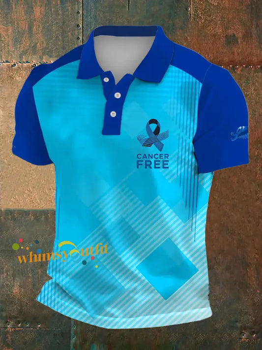 Men’s Prostate Cancer Print Polo Collar Casual Short Sleeved Shirt Blue / S
