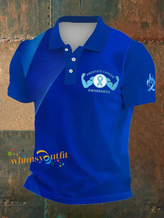 Men’s Prostate Cancer Print Polo Collar Casual Short Sleeved Shirt Blue / S