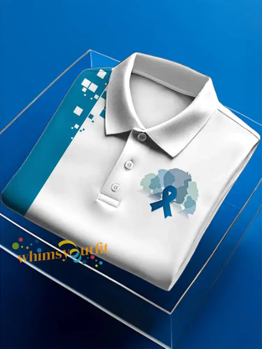 Men’s Prostate Cancer Print Polo Neck Short Sleeve T Shirt White Blue / S