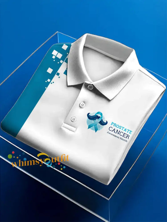 Men’s Prostate Cancer Print Polo Neck Short Sleeve T Shirt White Blue / S