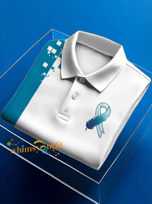 Men’s Prostate Cancer Print Polo Neck Short Sleeve T Shirt White Blue / S
