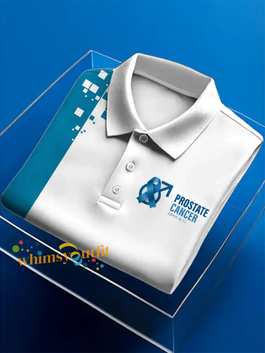 Men’s Prostate Cancer Print Polo Neck Short Sleeve T Shirt White Blue / S