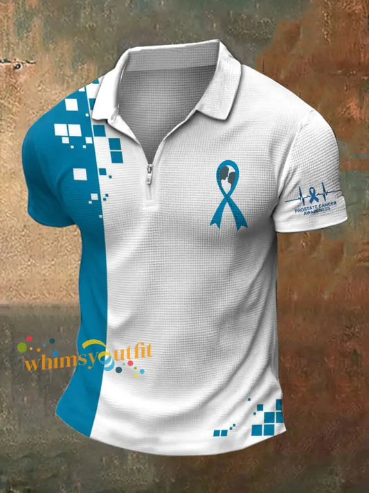 Men’s Prostate Cancer Print Polo Neck Waffle Short Sleeve T Shirt White Blue / S
