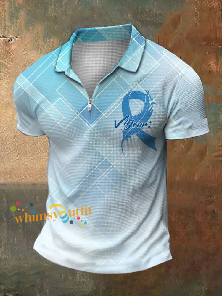 Men’s Prostate Cancer Print Polo Neck Waffle Short Sleeve T Shirt White Blue / S