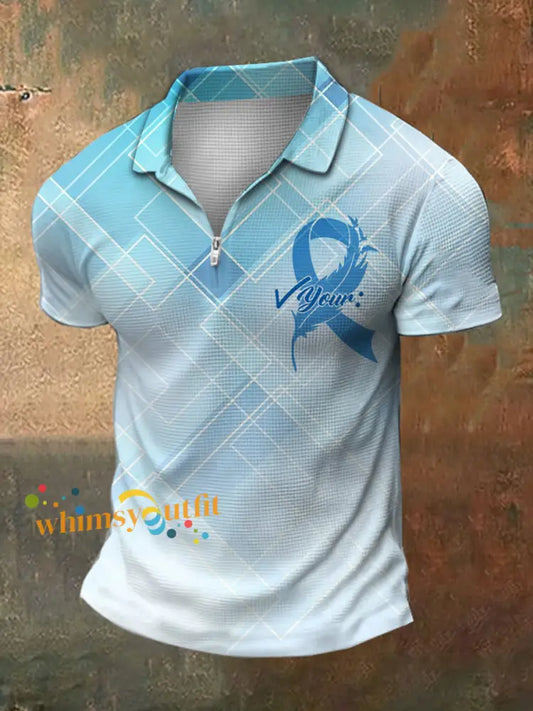 Men’s Prostate Cancer Print Polo Neck Waffle Short Sleeve T Shirt White Blue / S