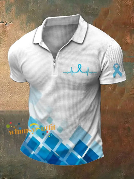 Men’s Prostate Cancer Print Polo Neck Waffle Short Sleeve T Shirt White Blue / S