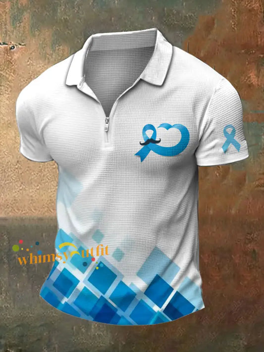 Men’s Prostate Cancer Print Polo Neck Waffle Short Sleeve T Shirt White Blue / S