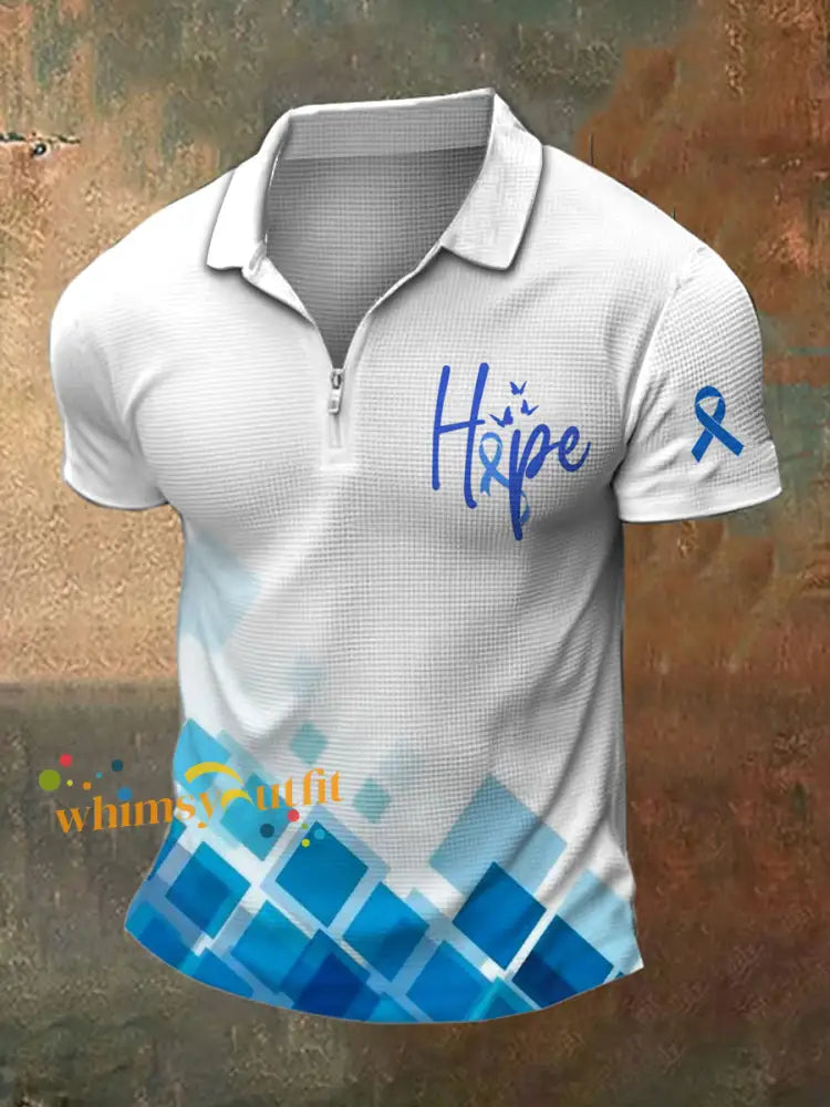 Men’s Prostate Cancer Print Polo Neck Waffle Short Sleeve T Shirt White Blue / S