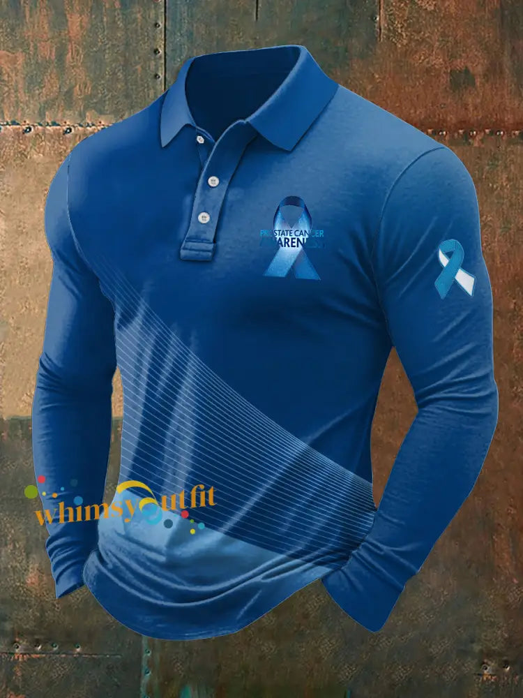 Men’s Prostate Cancer Print Stand Collar Casual Shirt Blue / S