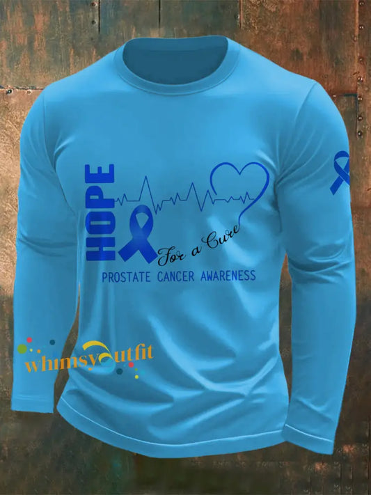 Men’s Prostate Cancer Printed Long Sleeved Round Neck T shirt Blue / S