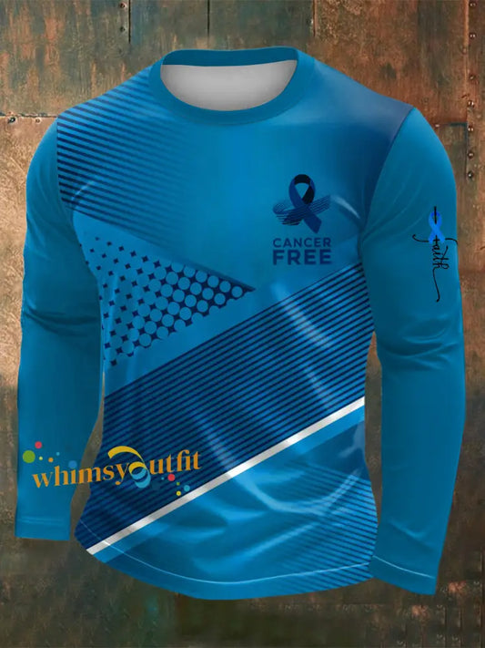Men’s Prostate Cancer Printed Long Sleeved Round Neck T shirt Blue / S