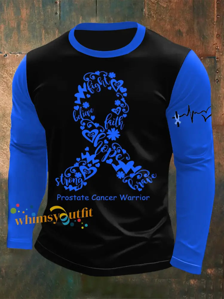 Men’s Prostate Cancer Printed Long Sleeved Round Neck T shirt Dark Blue / S