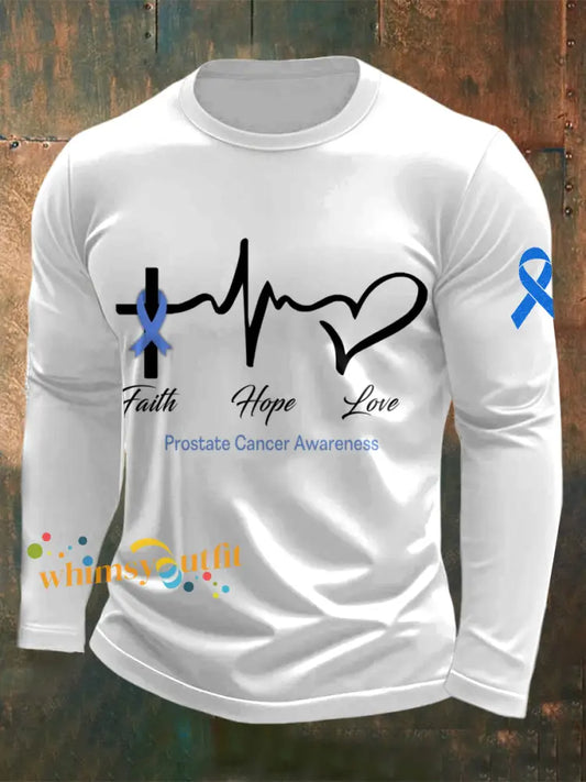Men’s Prostate Cancer Printed Long Sleeved Round Neck T shirt White / S